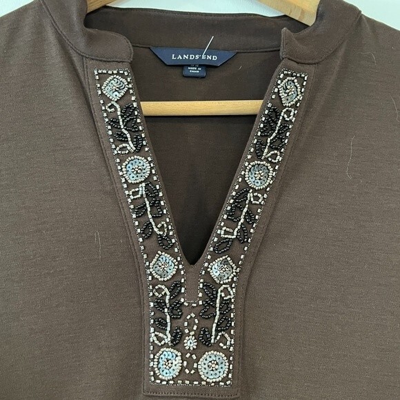 Lands' End Brown Tunic Beaded Split Neck Medium Solid Boho Coastal - Picture 8 of 9